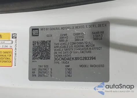 2024 Chevrolet Silverado 1500 4Wd Standard Bed Wt z USA, uszkodzony, nr VIN 3GCNDAEK8RG283394